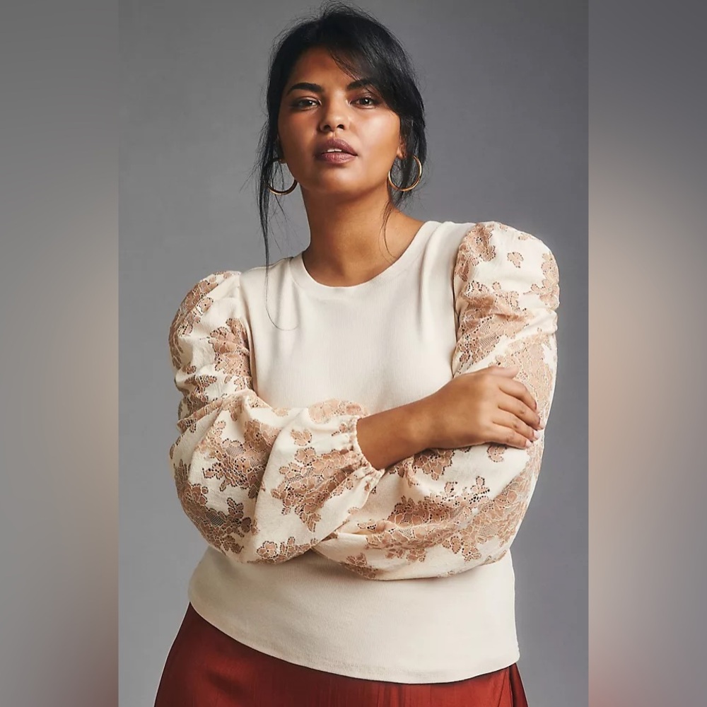 Anthropologie Dolan NWT cream and tan puff sleeve top size 1X
